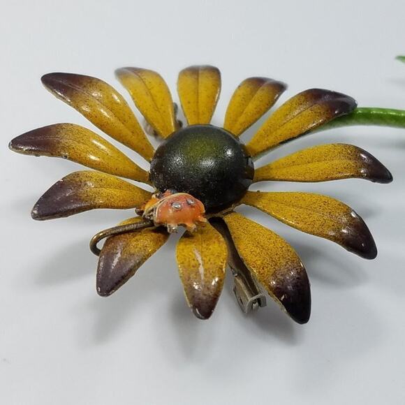 Vintage Brown Golden Yellow Flower Brooch, Lady Bug On Petal, 3 3/4 Inches - Picture 5 of 10